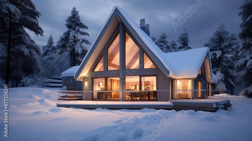 The front of modern exterior of luxury cottage covered in deep snow in winter evening  © Fred