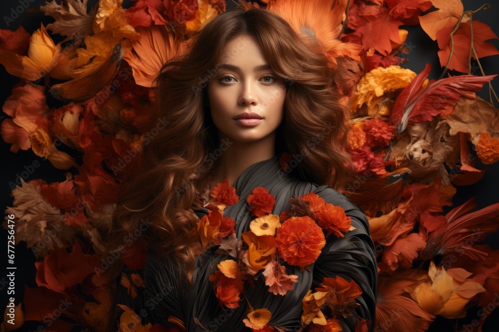 Artistic glamorous portrait of beautiful young Caucasian woman surrounded by bright lush flowers. Sexy brunette with spectacular hairstyle in black dress with seductive look. Beauty and fashion. Artistic glamorous portrait of beautiful young Caucasian woman surrounded by bright lush flowers. Sexy brunette with spectacular hairstyle in black dress with seductive look. Beauty and fashion.