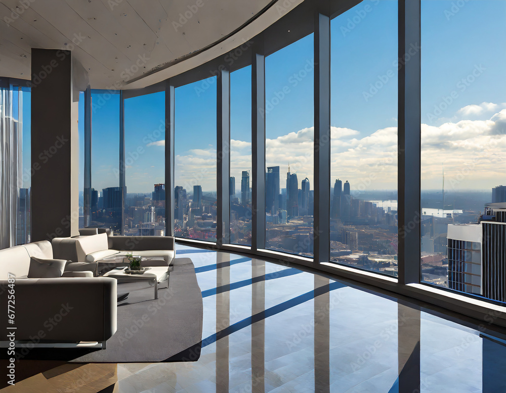 Cityscape sophistication, Floor-to-ceiling windows, sleek furniture, and city skyline views.