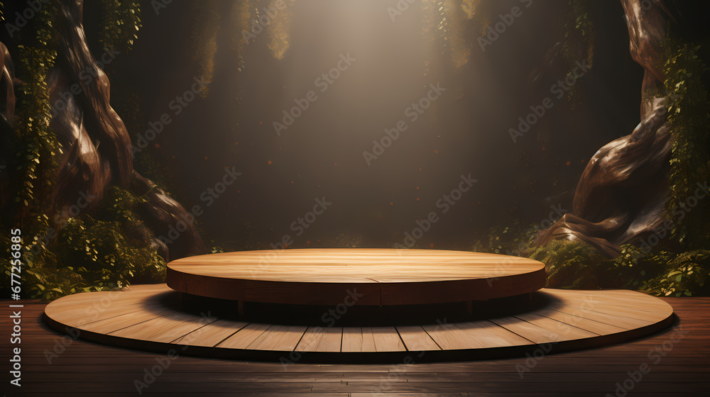 Fototapeta premium Forest tree product booth scene, e-commerce, podium, stage, product demonstration background, PPT background, 3D rendering