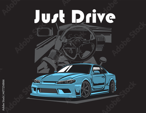 driving cabin scheme background with 90s car vector and text illustration design
