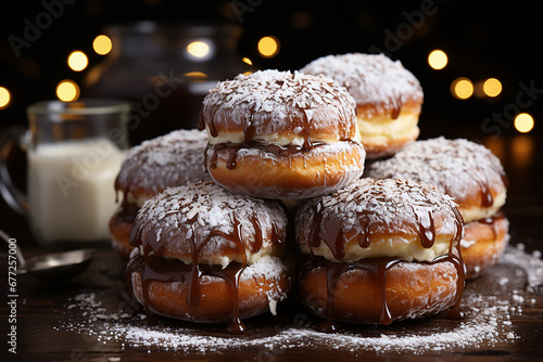 German donuts - krapfen or berliner - filled with jam. Associated with the concepts of Fat Tuesday, Fat Thursday, and Mardi Gras festival. AI