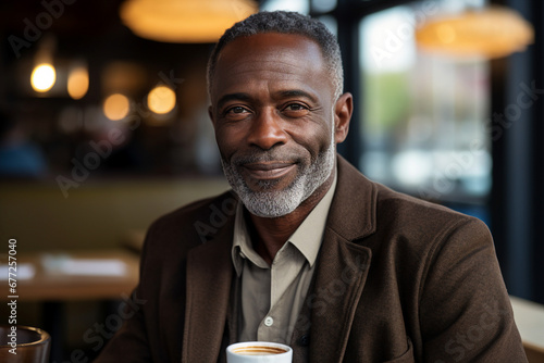 Generative AI portrait image of man woman sitting modern interior cafe drinking fresh coffee