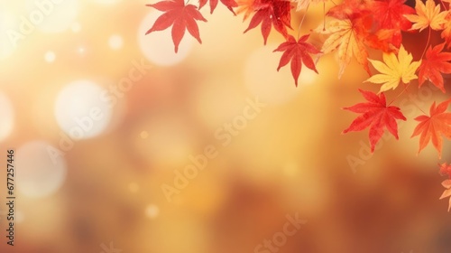 web banner design for autumn season and end year activity with red and yellow maple leaves with soft focus light and bokeh