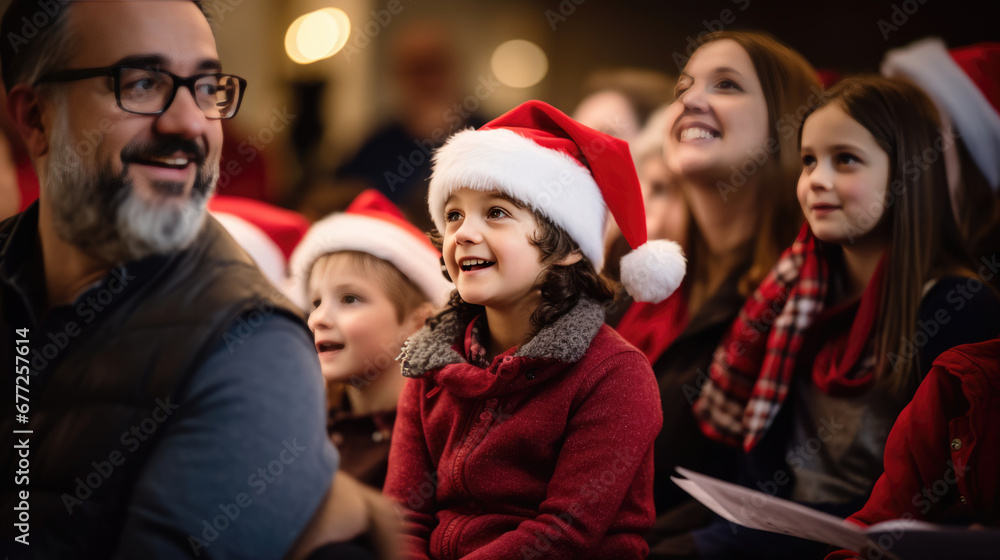 Fototapeta premium A joyful audience of adults wearing Santa hats and winter clothing, smiling and looking up with expressions of happiness and excitement, gathered indoors possibly during a Christmas event