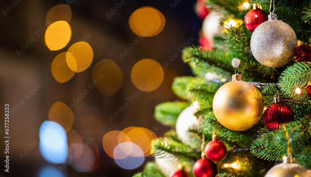 Christmas tree with decorations and blurred background