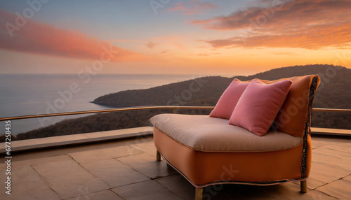 Sunset serenity, Warm hues of orange and pink, plush seating, and panoramic views. © Louis