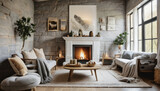 Hygge Hideout with Wall Mockups, Transform your Scandinavian living room into an inviting haven with soft grays, plush throws, and a fireplace