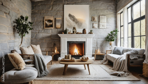 Hygge Hideout with Wall Mockups, Transform your Scandinavian living room into an inviting haven with soft grays, plush throws, and a fireplace photo