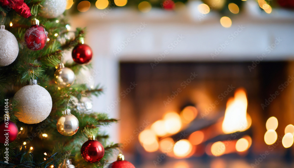 Christmas Tree with decorations and blurred background with a fireplace Christmas Tree with decorations and blurred background with a fireplace