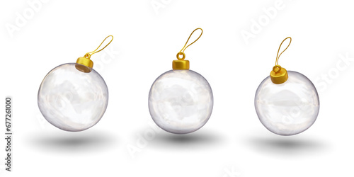 Clear realistic glass ball with gold mount and loop. Textured vector image, object in different positions. Festive Christmas tree decoration. Winter collection without marking, mockup