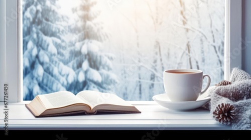 Winter still life with hot coffee and book on vintage windowsill view of snowy landscape With copyspace for text 