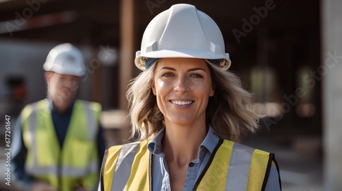 woman working on a construction site construction hard hat and work vest smirking middle aged or older  photo