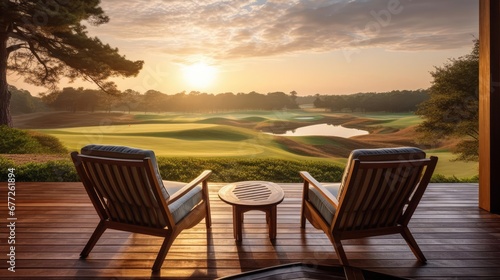 wooden veranda at a resort with two armchairs and tranquil sunrise view over the golf course  © Fred