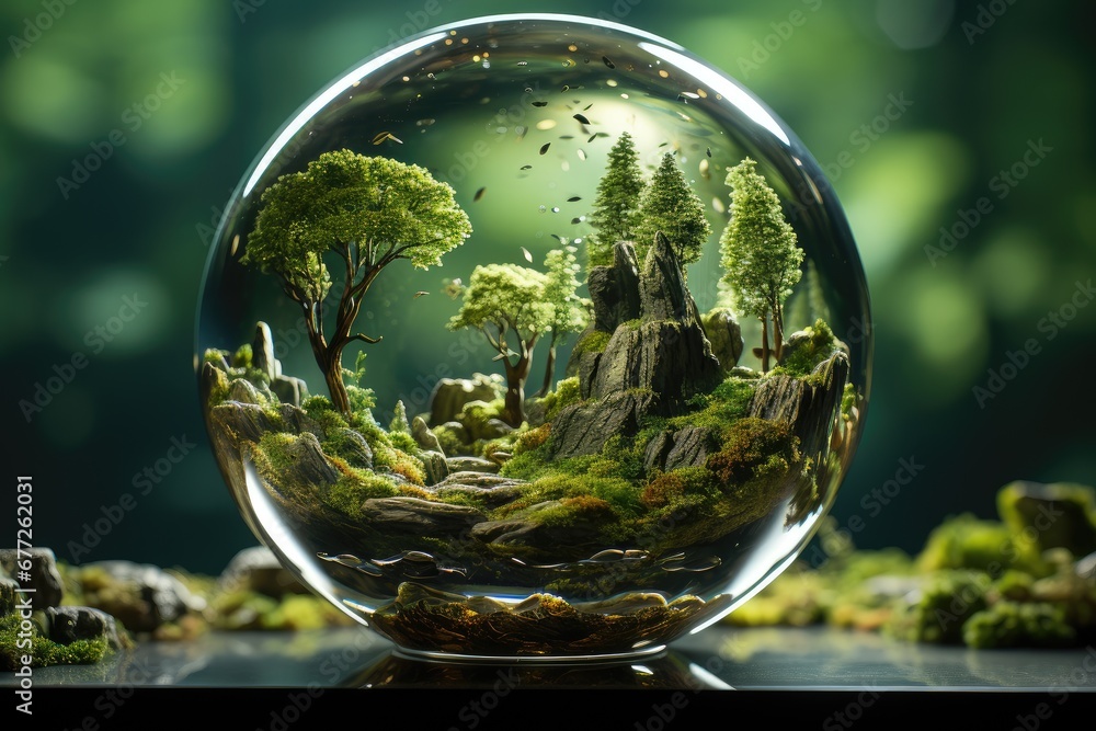 Environment Concept - Globe Glass In Green Forest With green forest inside. Ecology and green world concept.