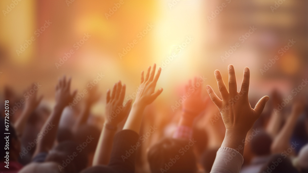 a crowd of people raising their hands at a mass party, - obrazy, fototapety, plakaty 
