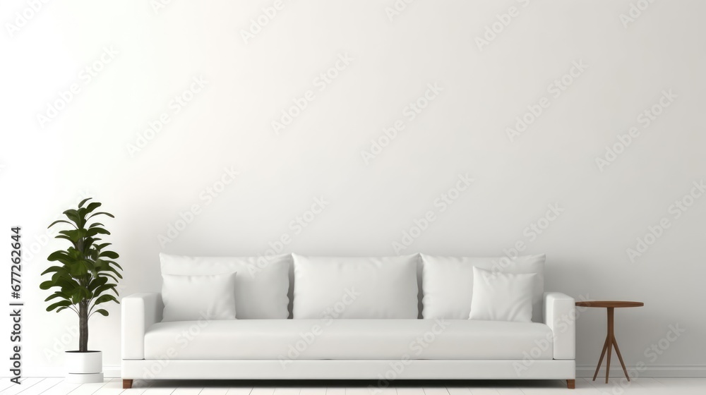 Fototapeta premium White sofa or couch with side tables on a white background banner size minimalism fresh and calm interior
