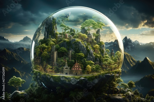 Environment Concept - Globe Glass In Green Forest With modern city inside. Ecology and green world concept.