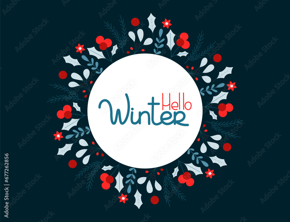 Winter card with plant decorations. Christmas background with round frame. Design elements for cards, invitations, sale, scrapbooking. Vector illustration on a dark background.
