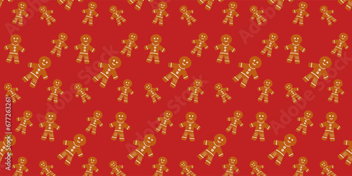 Christmas seamless pattern. Red background, gingerbread man in trendy retro style. Background for winter holiday design.