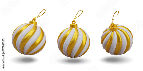 Set of toy for Christmas tree in different positions. Glass decoration for winter holiday. Collection of balls with gold elements. Vector illustration in 3d realistic style