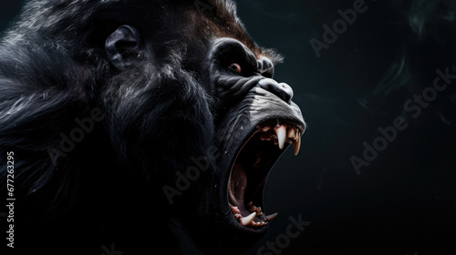 Silverback - adult male of a gorilla face. A gorilla appears to be angry, mouth open, yawning. © Ruslan Gilmanshin