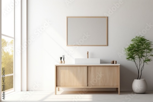 Scandinavian style interior, minimalist bathroom design with light wooden elements