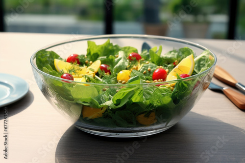 Seasonal summer vegetable salad in a glass bowl. Vegan organic food  dietary meal in a rustic style.
