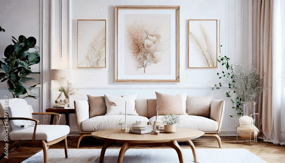 Nordic Elegance with Wall Mockups, Embrace refined living in your Scandinavian living room with white-on-white decor, subtle artwork, and timeless design elements. Wall mockups