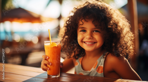 Photo of joyful cute child taking a big gulp of smoothies, on a tropical beach under palm leaves, against the background of the ocean with the midday sun photo
