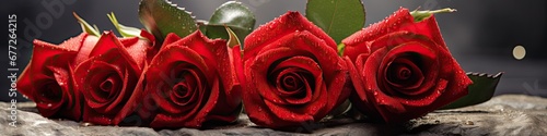 A cheerful colorful banner with large scarlet roses for the design of the website for Valentine s Day. Generated by AI.