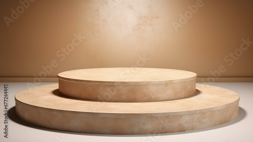 Luxury Studio Background for Product Presentation. Light Marble Showroom with a round beige Podium