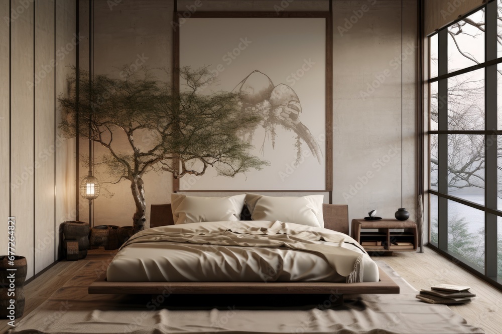 Fototapeta premium Bedroom interior details in trendy minimalist japandi style