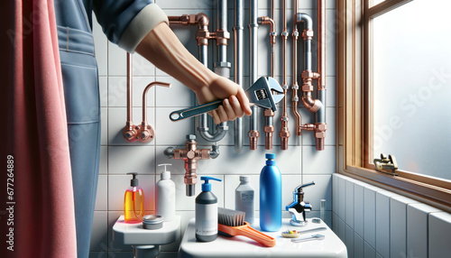 man with Plumbing Repairs Underway. Hand wielding a wrench amidst bathroom plumbing and toiletries. Generative ai.  photo
