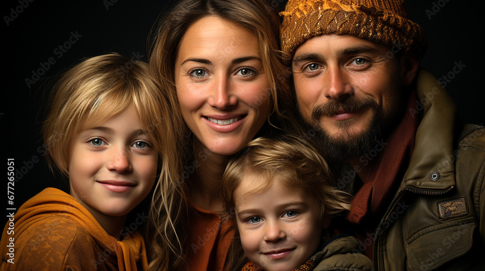 Classic happy family of four members: mother, father, daughter and son. Parents and sons. Happy and smiling family group. Concept of love, unity, love, coexistence, company, ties. Classic happy family of four members: mother, father, daughter and son. Parents and sons. Happy and smiling family group. Concept of love, unity, love, coexistence, company, ties.