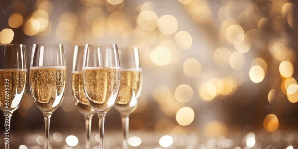 Champagne glasses on bokeh lights background. Party, new year, celebration idea Champagne glasses on bokeh lights background. Party, new year, celebration idea
