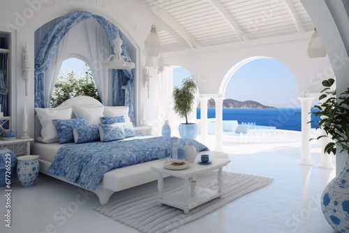 Mediterranean bedroom interior in traditional blue and white colors with sea view photo