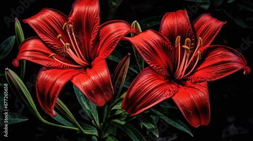 Beautiful red lilies on a dark background. Mother's day concept with a space for a text. Valentine day concept with a copy space.