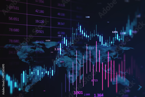 Futuristic Stock Market Analysis with World Map Projection. 3D Rendering