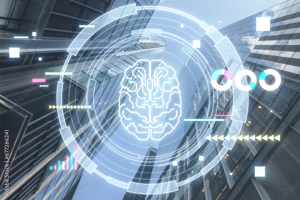 Creative glowing round brain hologram on blurry bright city backdrop. Artificial intelligence, chat GPT, bot assistant and machine learning concept. Double exposure. - obrazy, fototapety, plakaty 
