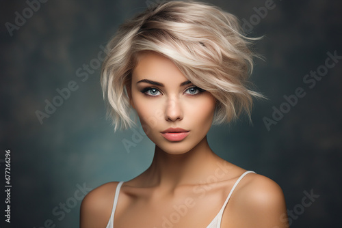 Generative AI picture of beautiful blonde woman fashion model after salon hairdresser procedure