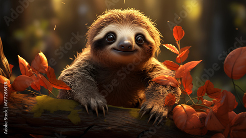Bicho preguiça fofo na floresta - Ilustração infantil 3d 