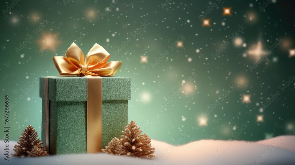  a green gift box with a gold ribbon and a pine cone on top of it in the snow with a green background with snowflakes and snowflakes.  generative ai