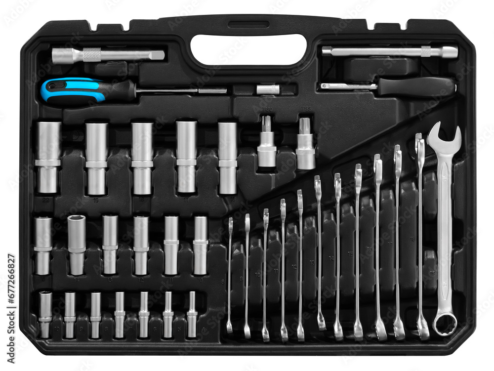 mechanics tool kit in black box, close-up of mechanics tool kit mechanics tool kit in black box, close-up of mechanics tool kit