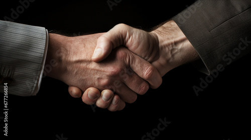 Two confident business people shaking hands during a meeting on a dark background.Generative AI