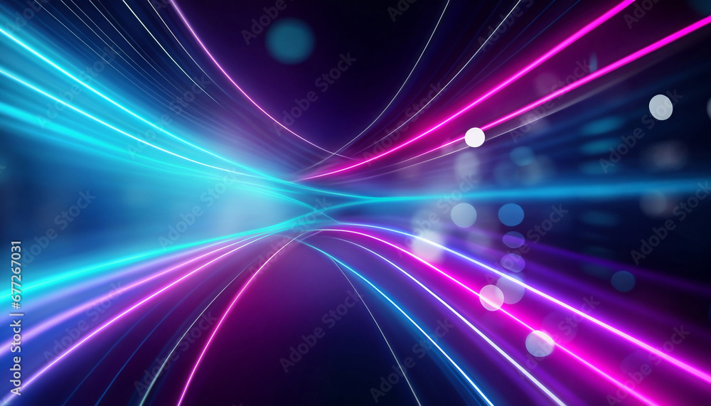 Abstract futuristic background with pink blue neon lines glowing in ultraviolet light, and bokeh lights. - obrazy, fototapety, plakaty 