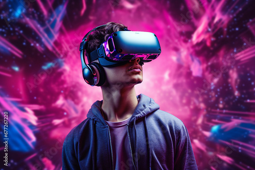 Modern technology user in VR headset goggles watching virtual reality metaverse tech future progress ai generative © Tetiana