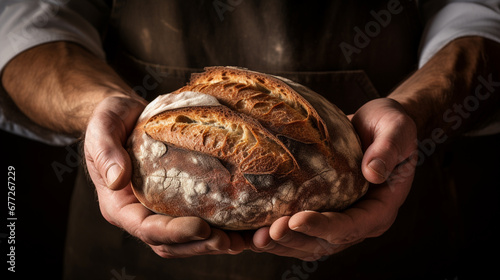 close-up of a man holding a loaf of bread in his hands on a dark background.Generative AI photo