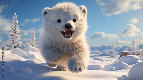 Filhote de urso polar fofo e feliz na neve - Ilustração infantil 3d photo