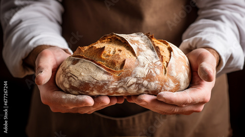 close-up of a man holding a loaf of bread in his hands on a dark background.Generative AI